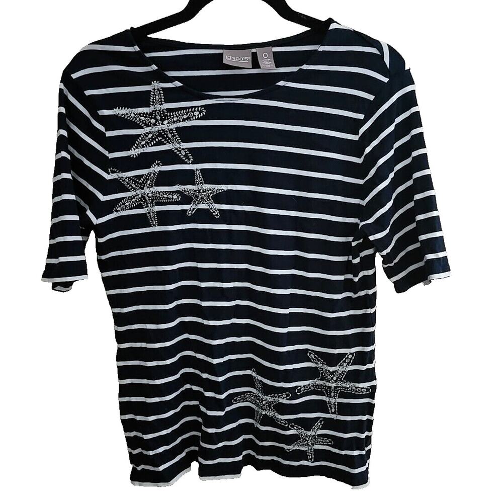 Chico's Black Striped Starfish Beaded Nautical Short Sleeve Top Womans Size 0/SM